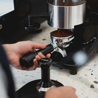 Barista füllt frisch gemahlenen Kaffee mit einer Mühle in einen Siebträger – Zubereitungsschritt vor dem Tampen.