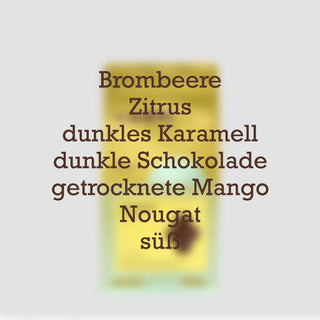 AMORI Coffee Farmkaffee Canaque – Aromen von Brombeere, Mango, Zitrus, Schokolade, Karamell und Nougat auf der Verpackung.
