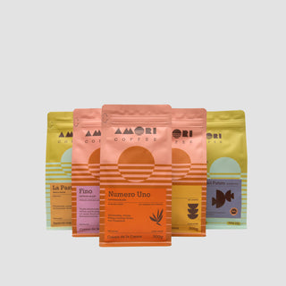 Take 5 Probierpaket – fünf ausgewählte Kaffees von AMORI, inklusive Espresso, Farmkaffee und Decaf in 300g-Packungen.