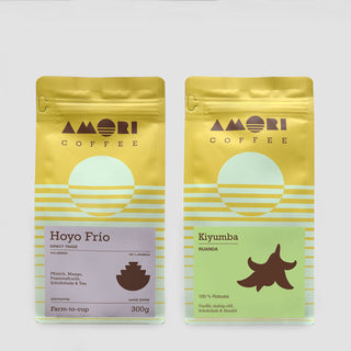 French Press Probierpaket – zwei Farmkaffees, Hoyo Frio und Kiyumba, ausgewogen geröstet für vollmundigen Geschmack.
