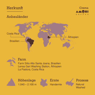Infografik „Herkunft Anbauländer“: Brasilien, Äthiopien, Costa Rica; 1.040–2.100 m, Handernte, Natural & Washed