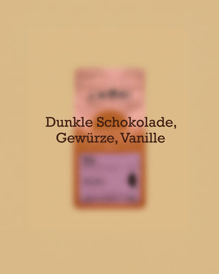Geschmacksprofil des AMORI Fino Espresso-Blends mit den Aromanoten dunkle Schokolade, Gewürze und Vanille vor einer unscharfen Kaffeeverpackung.