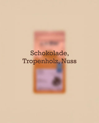 Geschmacksprofil des AMORI Vela Espresso-Blends mit den Aromanoten Schokolade, Tropenholz und Nuss vor einer unscharfen Kaffeeverpackung.