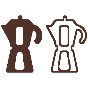 Zwei Espressokocher-Symbole, eines ausgefüllt und eines als Kontur