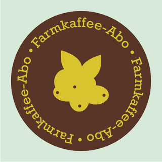 Grafisches Icon für das AMORI Farmkaffee Abo mit stilisierter Kaffeekirsche im braunen Rundemblem. Dieses Abo enthält wechselnde Single-Origin-Farmkaffees.