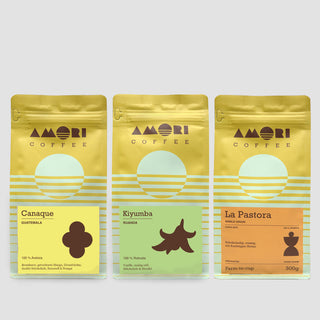 Farmkaffee Probierpaket – ausgewählte Single Origin Kaffees von AMORI aus verschiedenen Herkunftsregionen.
