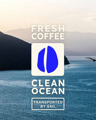 Schriftzug „FRESH COFFEE CLEAN OCEAN – TRANSPORTED BY SAIL“ mit blauem Kaffeebohnen-Symbol vor einer Meeresküste.