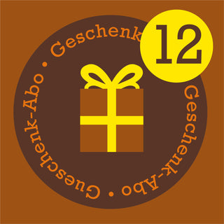 Grafisches Icon zum AMORI Geschenk-Abo mit Geschenkpaket und gelbem Kreis mit der Zahl 12 für eine Laufzeit von zwölf Monaten.