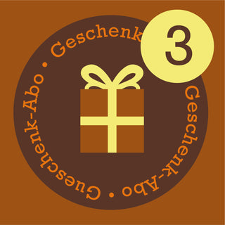 Grafisches Icon zum AMORI Geschenk-Abo mit Geschenkpaket und gelbem Kreis mit der Zahl 3 für eine Laufzeit von drei Monaten.
