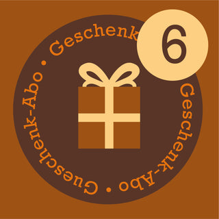 Grafisches Icon zum AMORI Geschenk-Abo mit Geschenkpaket und hellem Kreis mit der Zahl 6 für eine Laufzeit von sechs Monaten.