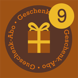 Grafisches Icon zum AMORI Geschenk-Abo mit Geschenkpaket und gelbem Kreis mit der Zahl 9 für eine Laufzeit von neun Monaten.
