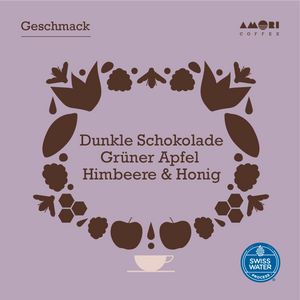 Iloma Decaf von AMORI: Dunkle Schokolade, grüner Apfel, Himbeere, Honig.