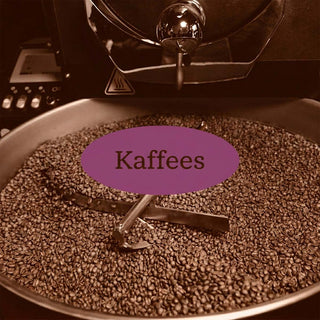 Geröstete Kaffeebohnen im Kühlbecken eines Kaffeerösters mit dem Schriftzug Kaffees auf einem violetten Label.