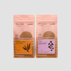 Das AMORI Coffee Espressokocher-Probierpaket mit den Röstungen Numero Uno und Fino: Zwei perfekt aufeinander abgestimmte Kaffeesorten für den Espressokocher.