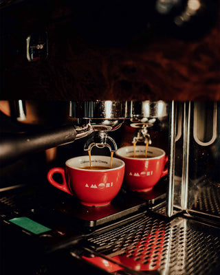 Zwei dünne Espressostrahlen fließen aus dem Siebträger einer Espressomaschine in zwei rote AMORI Tassen.